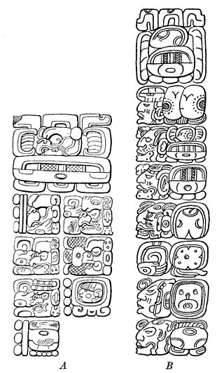 Fig. 77. Initial Series which proceed from a date prior to 4 Ahau 8 Cumhu, the starting point of Maya chronology: A, Stela C (east side) at Quirigua; B, Temple of the Cross at Palenque.