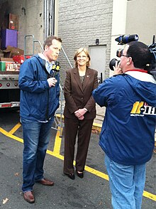 An ABC 11 news crew interviewing Mayor of Raleigh Nancy McFarlane in 2012 McFarlane ABC11 interview.jpg