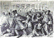 An 1887 illustration of New York City Municipal and Metropolitan policemen rioting and fighting each other in front of New York City Hall in 1857 NewYorkPoliceRiot.jpg
