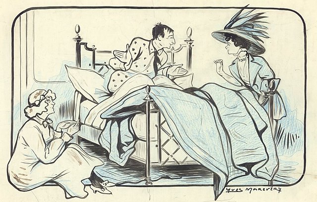 Contemporary drawing of a scene from the play: a young man is sitting up in bed addressing a young woman in 1908 day-wear (including large hat) , while another young woman, in a nightdress, hides on the other side of the bed