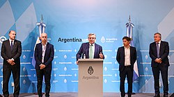 Alberto Fernandez, as he declared a nationwide lockdown on 20 March 2020 Pandemia-Perotti-Larreta-Alberto Fernandez-Kicillof-Morales-20MAR-2020.jpg