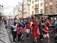 Gay football and rugby players marching in Pride in London in 2011 Pride London 2011 - 081.jpg