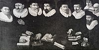 Duif heeft zichzelf achter de regenten afgebeeld, naast de weesvader. De middelste regent is Dirck Beuckel, rechts naast hem staat de regent Cornelis van Steyn (1636)