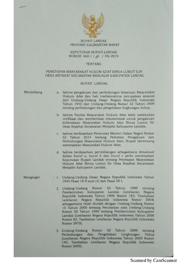 Surat Keputusan Bupati Landak Nomor 660.1/91/HK-2019 tentang Penetapan Masyarakat Hukum Adat Binua Lumut Ilir Desa Sepahat Kecamatan Menjalin Kabupaten Landak