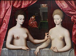 Gabrielle d'Estrees's rouged nipple is tweaked by her sister, the Duchess of Villars, circa 1600. Scuola di fontainebleau, presunti ritratti di gabrielle d'estrees sua sorella la duchessa di villars, 1594 ca. 06.jpg