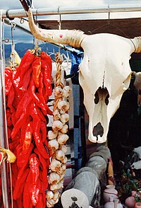 Symbols of the Southwest: a string of chili peppers (a ristra) and a bleached white cow's skull hang in a market near Santa Fe. Southwestern Chillis and Skull.jpg