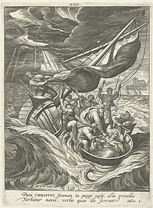 Kresba Kristus odpočívající na lodi během bouře,Maerten de Vos, (oříznuto)