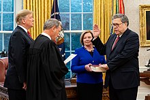 Barr is sworn in as Attorney General by Chief Justice John Roberts in 2019. Swearing-in of William Barr.jpg