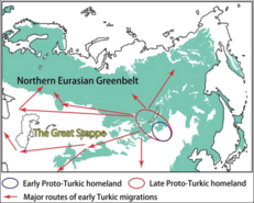 Ancestral composition of modern-day Turkic-speaking populations, using three components: blue, Ancient Northeast Asian (Northern Mongolia and exemplified by Empress Ashina); green, West Eurasian‐related ancestry; and yellow, associated with neolithic millet farmers from Yellow River in China.[122]