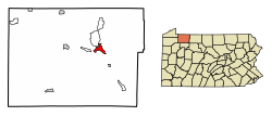 Location of Warren in Warren County, Pennsylvania (left) and of Warren County in Pennsylvania (right)