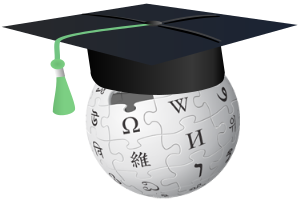 English: A Wikipedia globe wearing a flat grad...