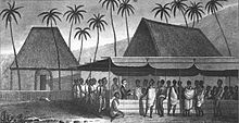 William Ellis preaching to the Natives, Hawaii, c. 1823 'A Missionary Preaching to the Natives, under a Skreen of platted Cocoa-nut leaves at Kairua' by William Ellis.jpg