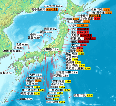 日本各地监测到的海啸高度