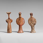 Three Mycenaean female figures; 1400-1300 BC; terracotta; heights: 10.8 cm, 10.8 cm and 10.5 cm; Metropolitan Museum of Art (New York City)