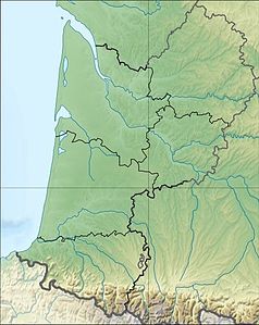 Mapa konturowa Akwitanii, blisko centrum na lewo u góry znajduje się punkt z opisem „Université Bordeaux 4”