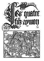Première page en noir et blanc d'un imprimé avec le titre en écriture gothique, Les quatre fils Aymon, et une gravure les représentant