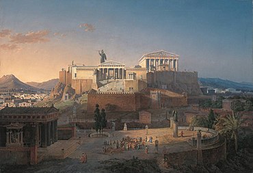 tableau en couleurs représentant l'acropole vue de l'ouest, dominée par le Parthénon et la statue d'Athéna Promachos