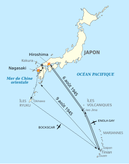 Carte schématisant les trajets des bombardiers vers le Japon et leur retour.