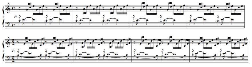 Partition pour piano, Bach en haut à 4 temps, version à 5 temps par Alexandre Astier en bas