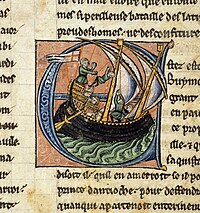 Dagobert sailing in a ship flying St George's cross Bohemond daimbert.jpg
