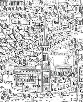 Old St Paul's, still with its spire, as shown on the "Copperplate" map of the 1550s Copperplate map St Pauls.jpg