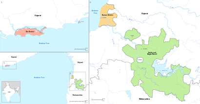 Map of Dadra and Nagar Haveli and Daman and Diu, showing its three districts as well as general location within India.