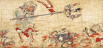 One of the five paintings of Extermination of Evil portrays one of the eight guardians of Buddhist law, Sendan Kendatsuba, banishing evil. Extermination of Evil Sendan Kendatsuba crop.jpg