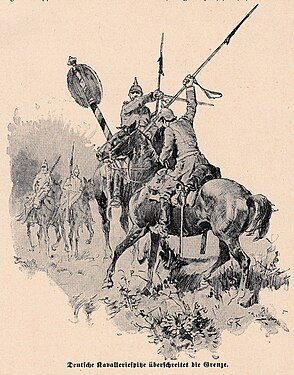 Depiction of German dragoons armed with sabres and lances, taking down a border marker, 1914