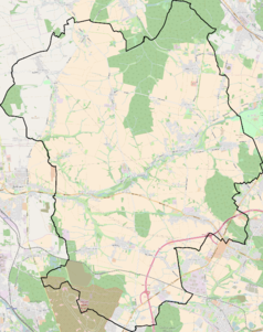 Mapa konturowa gminy Zbrosławice, w centrum znajduje się punkt z opisem „Parafia Narodzenia św. Jana Chrzciciela w Kamieńcu”