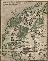 Antiquae Frisiae situs sub Augusto Imperatore, ut fertia. De kaart die Hoppers in 1579 maakte van Friesland in de Romeinse tijd