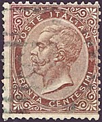 An 1863 stamp of the Kingdom of Italy. ITA 1863 MiNr0019 pm B002.jpg
