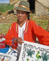 Uro woman showing her crafts.