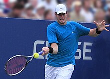 Isner's forehand return to Fernando Verdasco at the 2009 US Open John Isner 2009 US Open.jpg