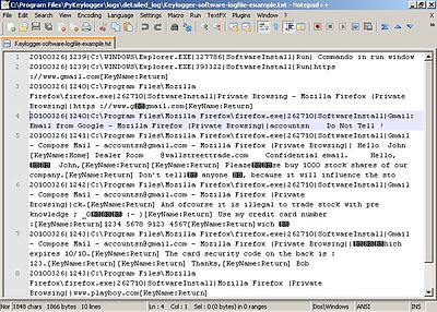 A logfile from a software-based keylogger, based on the screen capture above Keylogger-software-logfile-example.jpg