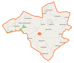 Mapa konturowa gminy Koneck, blisko centrum na lewo znajduje się punkt z opisem „Rybno”
