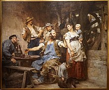 Quatre paysans autour d'une table et boivent du vin. Ils sollicitent une paysanne, portant et tenant deux enfants, pour lui montrer un verre renversé sur la table. La scène se passe derrière une roue de moulin.