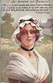 Carte postale de propagande française pour la récupération de la Moselle. La Lorraine est personnifiée par une femme qui porte une croix de Lorraine en pendentif et une cocarde tricolore sur son bonnet.