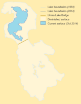 Kartta Urmia järven kutistumisesta vuodesta 1984.