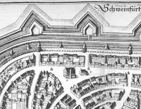 Stadtplan von M. Merian. Rechts Kilianskapelle (ab 1563 Gießhaus) links Zeughaus. 1656