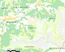 Carte élémentaire montrant les limites de la commune, les communes voisines, les zones de végétation et les routes