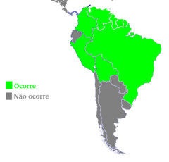 Mapa de distribuição geográfica de ocorrência nos países: Bolívia, Brasil, Colômbia, Guiana Francesa, Guiana, Peru, Suriname, e Venezuela.