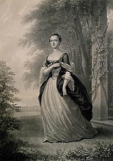 A mezzotint of Martha Washington, standing, wearing a formal gown, based on a 1757 portrait by John Wollaston