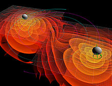 Simulation of merging black holes radiating gravitational waves MergingBlackHoles V2.jpg