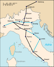 Mozarts erste Italienreise (eingezeichnet sind die heutigen Grenzen): Schwarz: Reiseroute Salzburg – Neapel Blau: Abweichungen auf der Rückroute, eingezeichnet sind die heutigen Grenzen