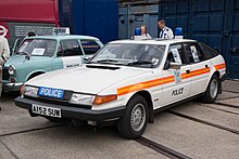 A restored Rover SD1 traffic car in the Metropolitan Police's 'jam sandwich' livery first introduced in 1978 Museum Deopt's collection (24063551797).jpg