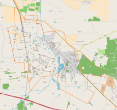 Mapa konturowa Ozorkowa, w centrum znajduje się punkt z opisem „Parafia Ewangelicko-Augsburska”