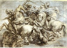 Two men on horseback fighting