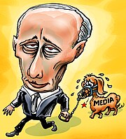 Caricature de la presse néerlandaise, reprsentant Vladimir Poutine tenant en laisse un teckel muselé. Le teckel porte sur son corps un tatouage « médias »