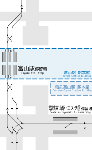 富山駅停留場 電鉄富山駅・エスタ前停留場 構内配線略図