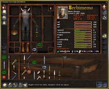 Character information and inventory screen in a typical computer role-playing game. Pictured here is the roguelike-like S.C.O.U.R.G.E.: Heroes of Lesser Renown. Note the paper doll in the top left portion of the image. Scourge character information.png